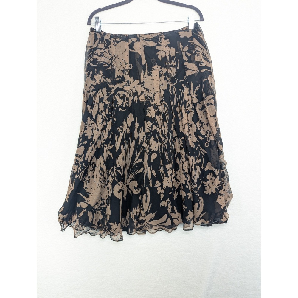Women's Black And Brown 100%‎ Linen Floral Midi Skirt 10